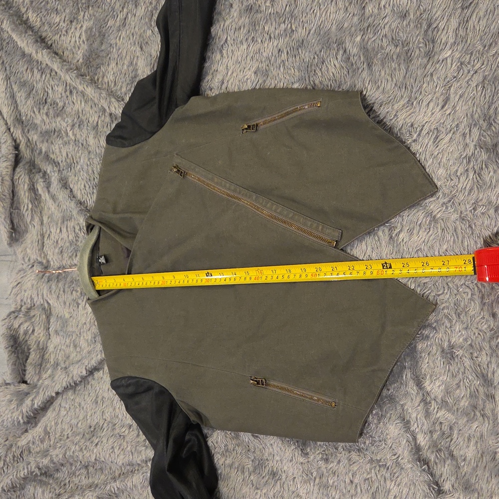 Aqua Olive Green & Black Mixed-Media Moto Jacket With Leather Sleeves  Size L! - Picture 9 of 9